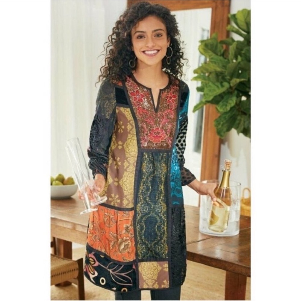 Soft Surroundings Adassa Velvet Embellished Patchwork Boho Artsy Tunic Dress M